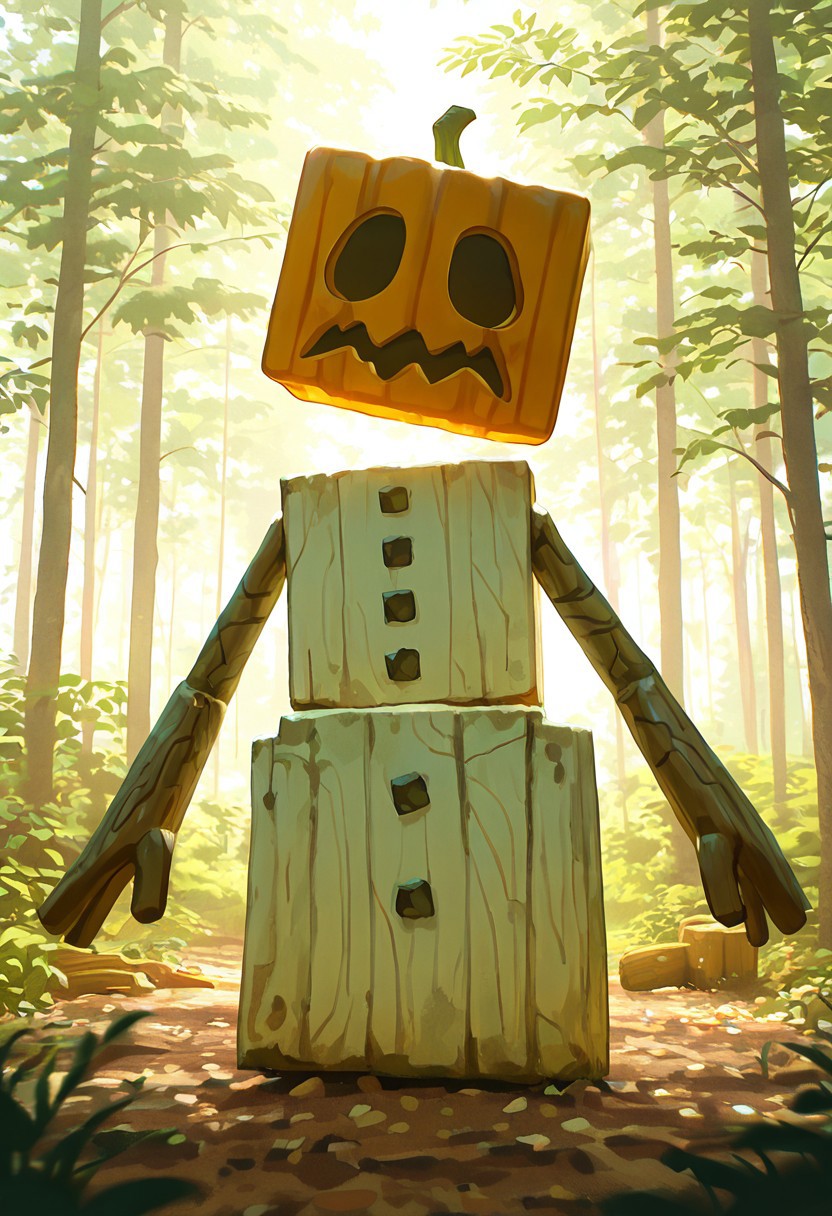 masterpiece, best quality, amazing quality, very aesthetic, absurdres, newest, detailed background, foreground blur, volumetric lighting, sharp, 4k, hd, 
snowglm, no humans, white body, pumpkin head, solo, standing, cube head, cube body, stick hands, brown arms, sharp mouth, big mouth, square eyes, empty eyes, no pupils, black sclera, black mouth, 
wooden arms, tree trunk arms, massive arms, forest, bright forest, daytime, bright,