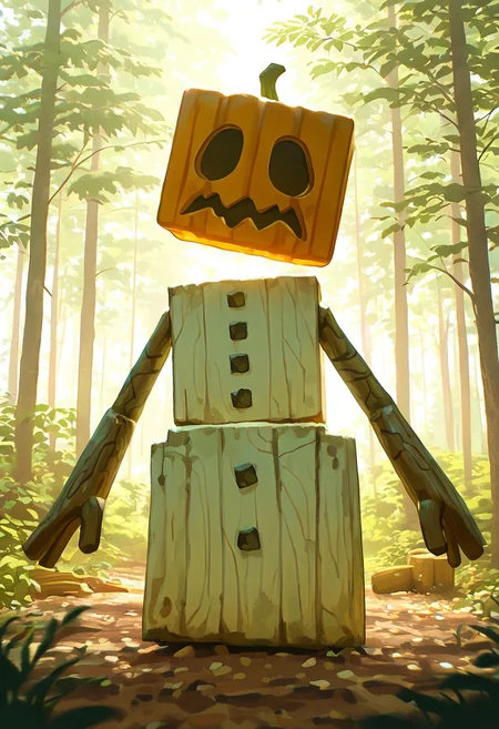 masterpiece, best quality, amazing quality, very aesthetic, absurdres, newest, detailed background, foreground blur, volumetric lighting, sharp, 4k, hd, 
snowglm, no humans, white body, pumpkin head, solo, standing, cube head, cube body, stick hands, brown arms, sharp mouth, big mouth, square eyes, empty eyes, no pupils, black sclera, black mouth, 
wooden arms, tree trunk arms, massive arms, forest, bright forest, daytime, bright,