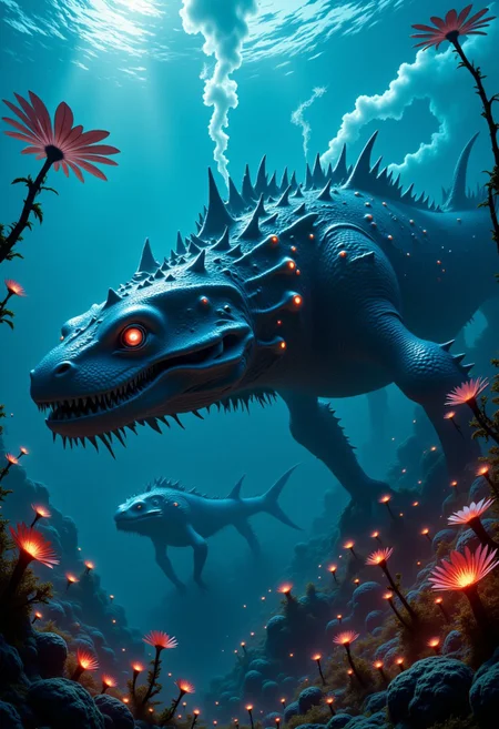 This is a highly detailed, CGI artwork depicting a biopunk landscape where a massive leviathan glides through the haunting depths of an eerie underwater environment. Its slick, scaled body is enhanced with bio-engineered modifications, featuring metallic implants that shimmer in the faint light. Glowing fluorescent tubes run along its spine, illuminating the surrounding area with an otherworldly glow. Jagged fins slice through the water, while toxic gas vents release noxious clouds that swirl around the leviathan. Bioluminescent flora bloom nearby, casting an enchanting yet foreboding light in the murky waters, creating a stunning fusion of nature and biotechnology that evokes both awe and terror.