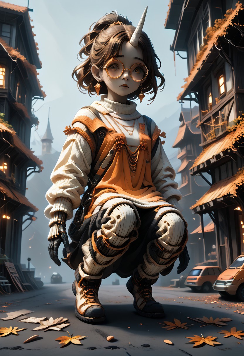 score_9, score_8_up, score_7_up,
Color digital painting with anime influences
Slightly low angle looking up at the woman, subtly emphasizing her presence
* Warm and soft lighting
* Light filters through trees, creating dappled shadows and highlights on ground and clothing
* Sunny autumn day suggested by the lighting
**Composition Style:** Three-quarter view focusing on the woman from thighs up
* Young woman with a unicorn horn is relaxed, demure posture
* Legs together, body slightly angled towards viewer
* One hand lightly touching her hair
* Long, dark hair with streak of orange
* Large, round, gold-rimmed glasses and small, dangling earrings
* Oversized, off-the-shoulder sweater with horizontal orange and cream stripes
* Thigh-high striped socks in orange and black
* Fallen autumn leaves scattered on ground around her
* Warm palette of oranges, browns, and yellows dominating the image
* Blues and greens used in background for sky and trees
* Autumnal colors reflect the seasonal setting
* Detailed depiction of street or path lined with trees shedding autumn leaves
* Elements of building and discarded wooden structures visible in background
* Background uses perspective and atmospheric details
WORLD MORPH MATCHES, FIRE, monochrome, glow, neon, asdfm3cha