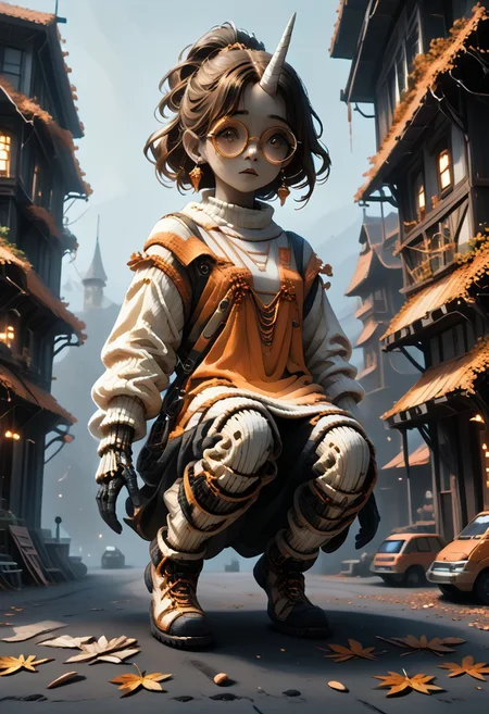 score_9, score_8_up, score_7_up,
Color digital painting with anime influences
Slightly low angle looking up at the woman, subtly emphasizing her presence
* Warm and soft lighting
* Light filters through trees, creating dappled shadows and highlights on ground and clothing
* Sunny autumn day suggested by the lighting
**Composition Style:** Three-quarter view focusing on the woman from thighs up
* Young woman with a unicorn horn is relaxed, demure posture
* Legs together, body slightly angled towards viewer
* One hand lightly touching her hair
* Long, dark hair with streak of orange
* Large, round, gold-rimmed glasses and small, dangling earrings
* Oversized, off-the-shoulder sweater with horizontal orange and cream stripes
* Thigh-high striped socks in orange and black
* Fallen autumn leaves scattered on ground around her
* Warm palette of oranges, browns, and yellows dominating the image
* Blues and greens used in background for sky and trees
* Autumnal colors reflect the seasonal setting
* Detailed depiction of street or path lined with trees shedding autumn leaves
* Elements of building and discarded wooden structures visible in background
* Background uses perspective and atmospheric details
WORLD MORPH MATCHES, FIRE, monochrome, glow, neon, asdfm3cha