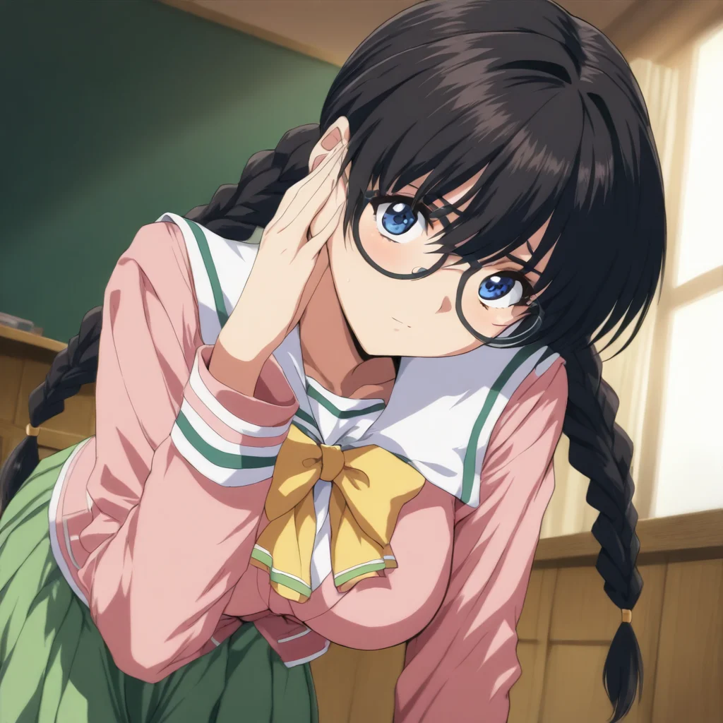 masterpiece,high score,great score,absurdres,solo,looking at viewer,school_uniform,<lora:Shiho_Replay ag4o v1:1> shiho_replay, glasses, black hair, long hair, blue eyes,twin braids,pink long sleeves,yellow bow,green skirt,