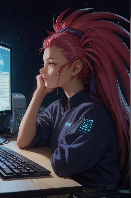 score_9, score_8_up, score_7_up, score_6_up, score_5_up, score_4_up, (high quality, detailed, beautiful)  <lora:WashuuV5_epoch_9:0.99> hakubi_washuu, cowboy_shot, computer, keyboard_\(computer\), holographic_interface, sitting,