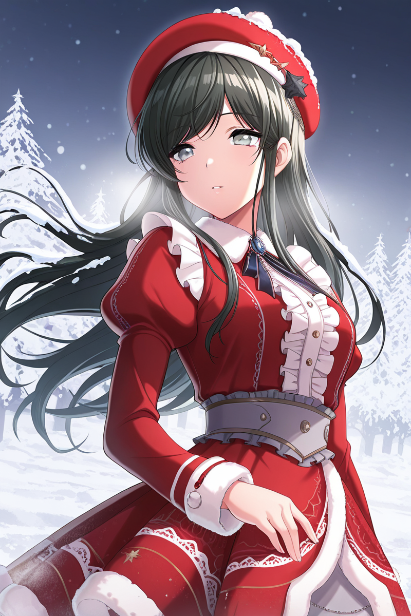 masterpiece, best quality, amazing quality,
 <lora:Tsubaki_IL:1> tsubaki, 1girl, solo, long hair, hat, long sleeves, black hair, puffy sleeves, frills, floating hair, grey eyes, bangs, center frills, parted lips, juliet sleeves, beret, winter, snow, christmas outfit