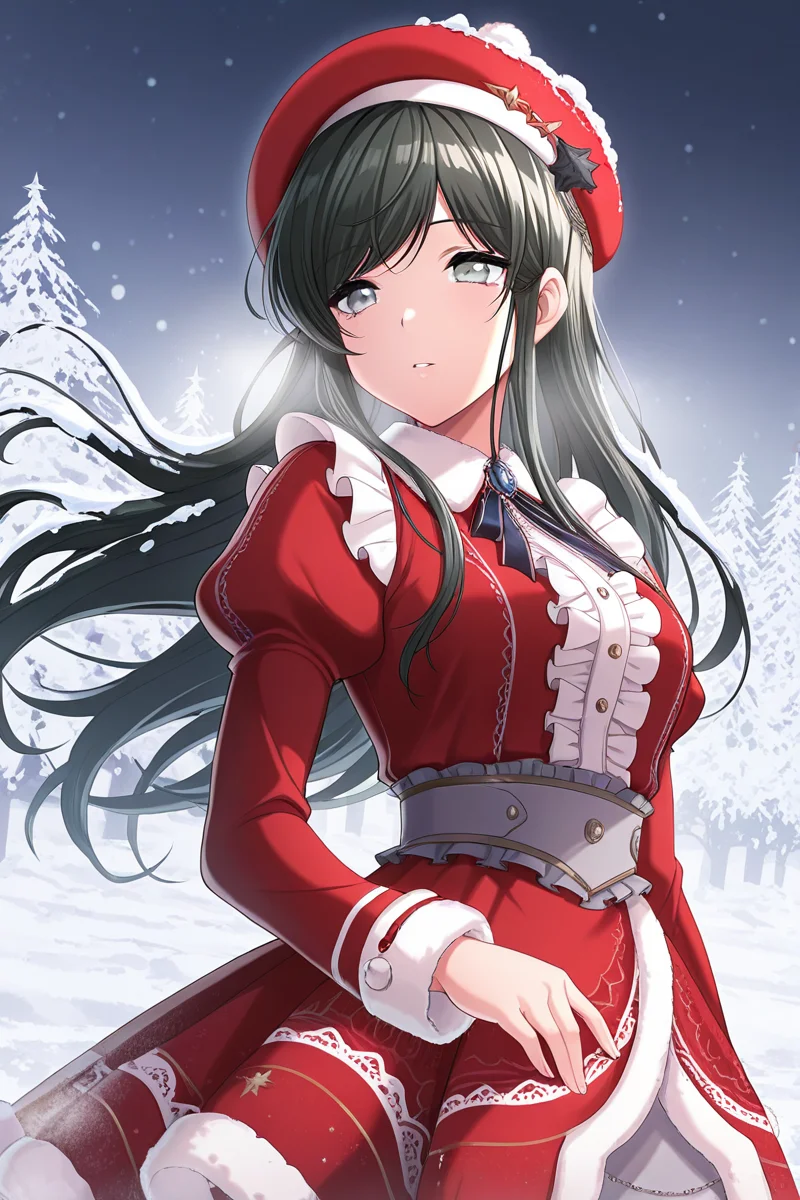 masterpiece, best quality, amazing quality,
<lora:Tsubaki_IL:1> tsubaki, 1girl, solo, long hair, hat, long sleeves, black hair, puffy sleeves, frills, floating hair, grey eyes, bangs, center frills, parted lips, juliet sleeves, beret, winter, snow, christmas outfit