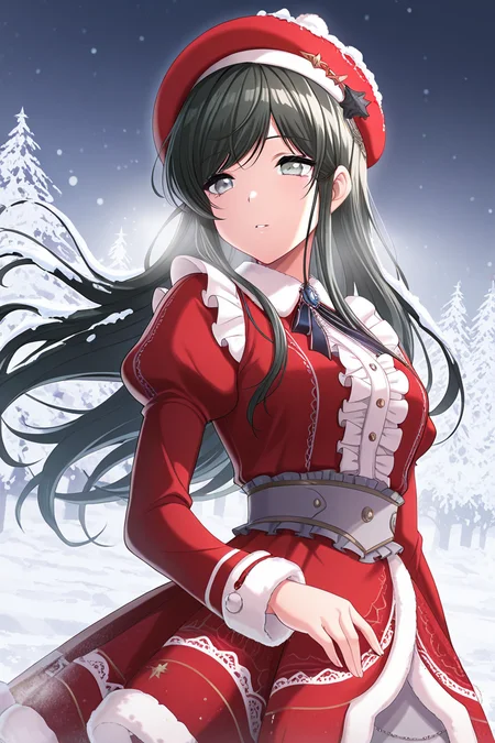 masterpiece, best quality, amazing quality,
 <lora:Tsubaki_IL:1> tsubaki, 1girl, solo, long hair, hat, long sleeves, black hair, puffy sleeves, frills, floating hair, grey eyes, bangs, center frills, parted lips, juliet sleeves, beret, winter, snow, christmas outfit