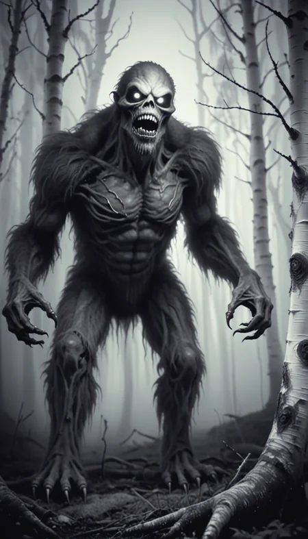 monochrome, horror,
A gloomy misty forest,A gloomy misty forest,A forest monster stands under a birch tree,
A grin, rotten teeth, white glowing eyes