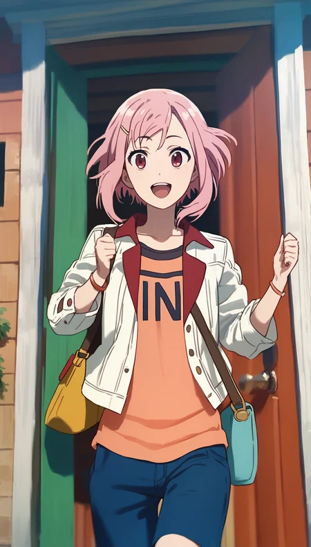 score_9,score_8_up,score_7_up,
<lora:yoshinokoharu:0.9>,
yoshinokoharu,
1girl,solo,pink hair,short hair,bouncing hair,bangs,red eyes,looking ahead,open mouth,teeth,happy,white jacket,orange tank top,character print on tank top,yellow bracelet,carrying a single-strap shoulder bag,upper body,running,front view,outdoors,morning,summer,green door,wall,house,lamp,