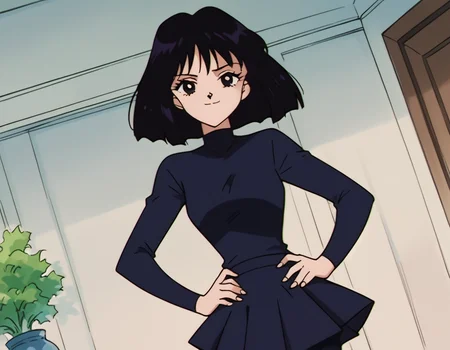 score_9, score_8_up, score_7_up, source_anime, <lora:hotaru-tomoe-s3-ponyxl-lora-nochekaiser:1>, hotaru tomoe, short hair, black hair, black eyes,, pantyhose, shirt, long sleeves, skirt, turtleneck,, indoors, smug, smile, looking at viewer, solo, hands on hips,, cowboy shot, dutch angle