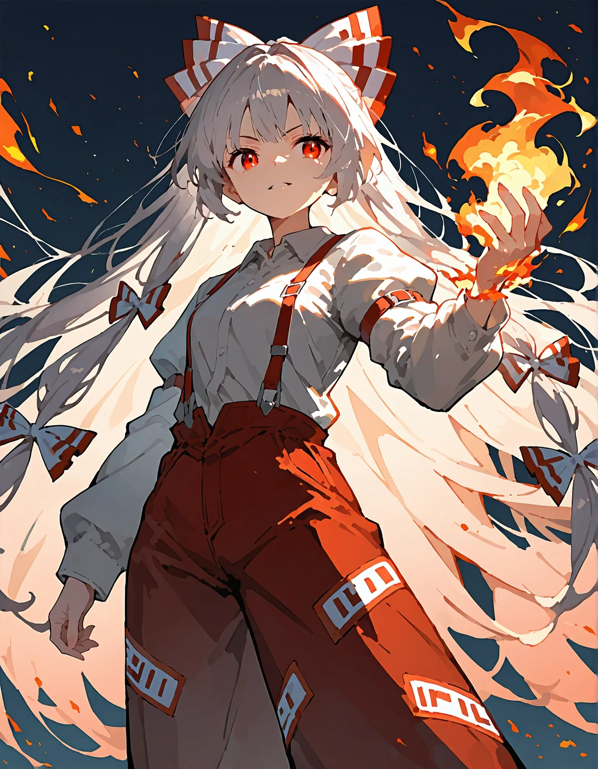 t-ponynai3, 1girl, solo, fujiwara no mokou, fire, flaming hand,
very awa, masterpiece, best quality, year 2024, newest, highres, absurdres, <lora:t-ponynai3-style-noobai-vpred10-v3:1>
