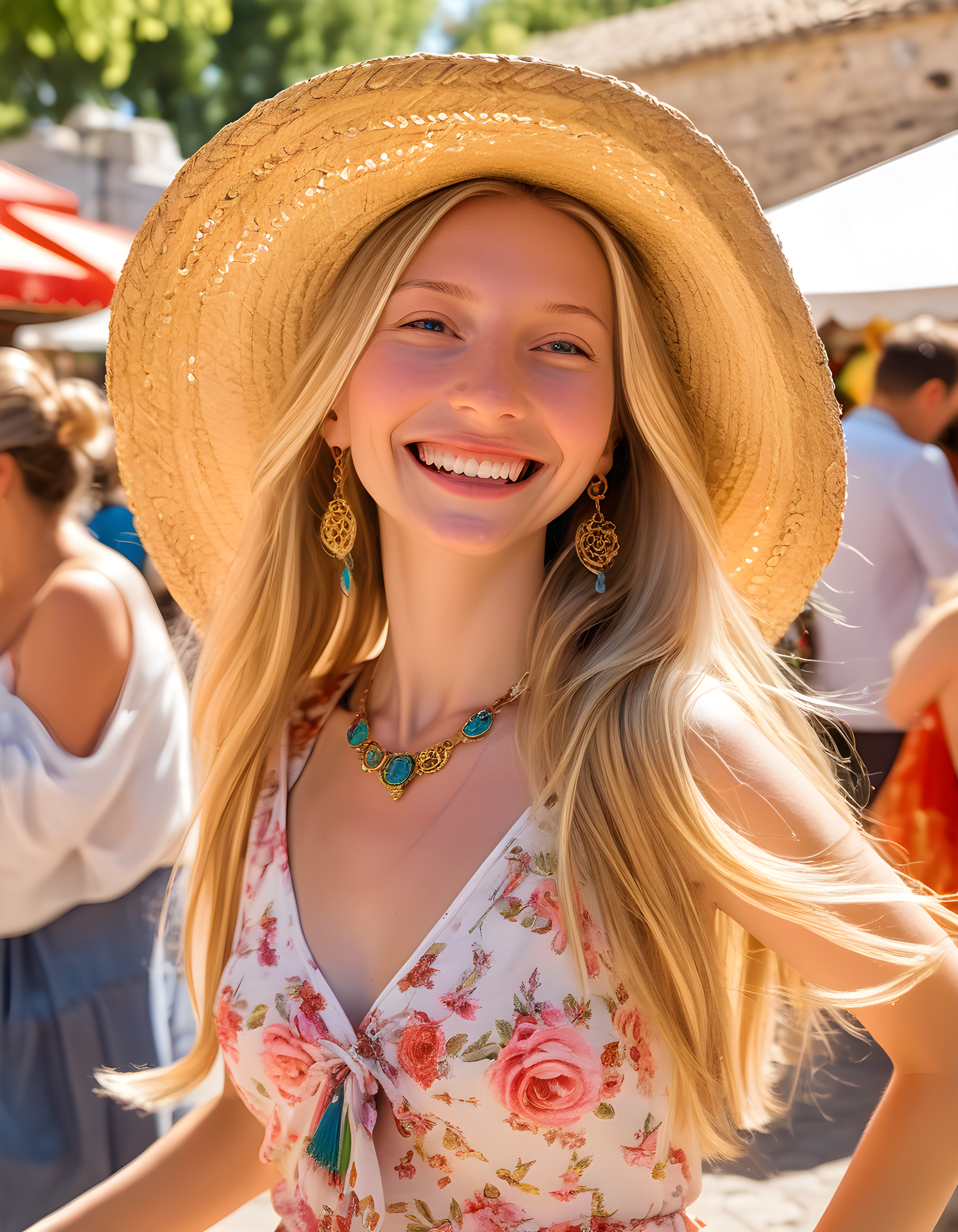 In a vibrant afternoon at an open-air market in Provence, France, Kemkin _ a radiant woman with cascading blonde hair, adorned with delicate jewelry and sporting a captivating smile _ is posed gracefully, her long hair gently dancing around her shoulders as she gazes directly at the viewer from beneath the brim of a wide-brimmed straw hat, her lips painted a soft rose hue under the warm, golden glow of the setting sun, with colorful stalls filled with fresh produce and local crafts forming a charming backdrop.