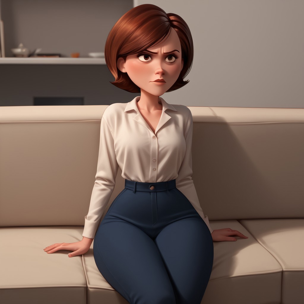 score_9, score_8_up, score_7_up, score_6_up, score_5_up, score_4_up, rating_questionable, 1girl, Hel_enParr, on a couch, seductive look, short hair, dark red hair, big hips, blouse