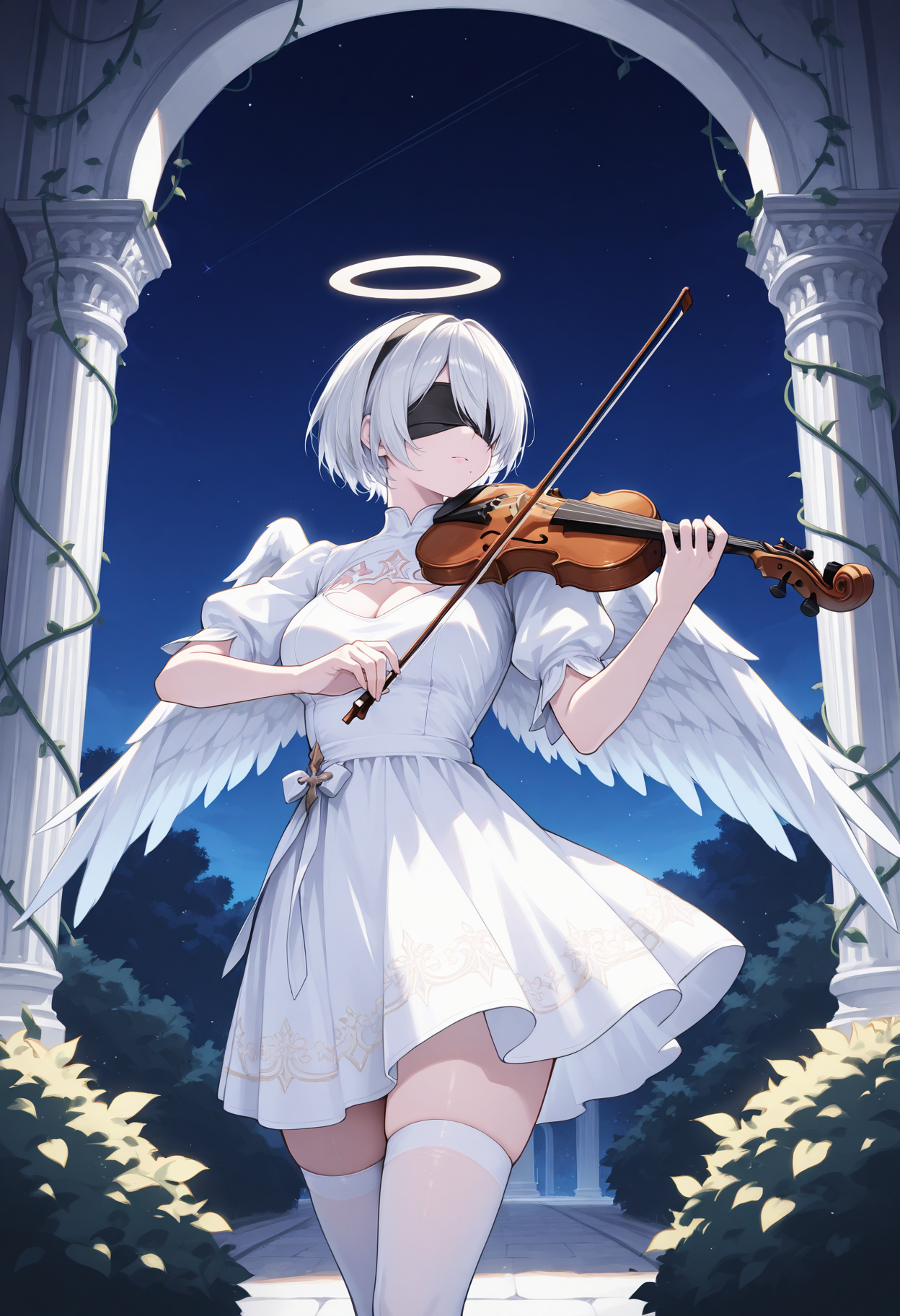 masterpiece, best quality, 1girl, solo, tw0B, mole under mouth, short hair, hair over one eye, white hair, angel, angel wings, halo, white dress, outdoors, architecture, pillar, bush, (nature:0.9), vines, scenery, holding instrument, holding violin, music, playing instrument, standing, violin, looking ahead, black blindfold, black hairband, white thighhighs, arch, night, night sky