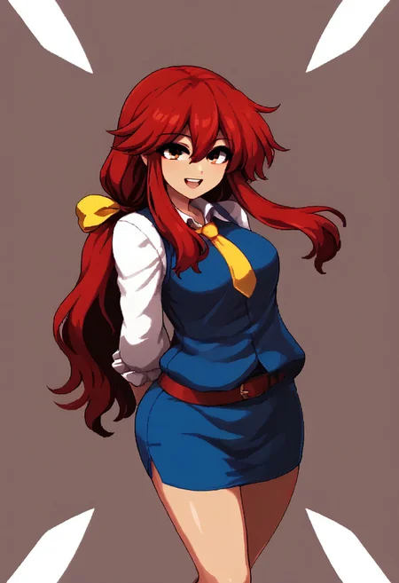 score_9, score_7_up, source_anime, source_cartoon, source_explicit, BREAK, colorful, aesthetic, illustration, kotohime (touhou), long hair, red hair, red eyebrows, hair between eyes, bangs, sidelocks, low-tied long hair, tied hair, low ponytail, hair ribbon, yellow ribbon, red eyes, breasts, white shirt, collared shirt, long sleeves, yellow necktie, blue vest, brown belt, blue skirt, hands behind back, open mouth, smile, teeth, simple background, looking at viewer, facing viewer, standing in front of viewer, standing