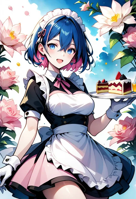 score_9,score_8_up,score_7_up,WATERCOLOR,1girl,solo,breasts,looking at viewer,blush,smile,open mouth,short hair,blue eyes,skirt,gloves,dress,holding,hair between eyes,jewelry,blue hair,pink hair,flower,multicolored hair,short sleeves,:d,cowboy shot,earrings,food,puffy sleeves,white gloves,apron,puffy short sleeves,wrist cuffs,maid,maid headdress,white apron,colored inner hair,maid apron,plate,pink skirt,cake,floral background,holding plate,