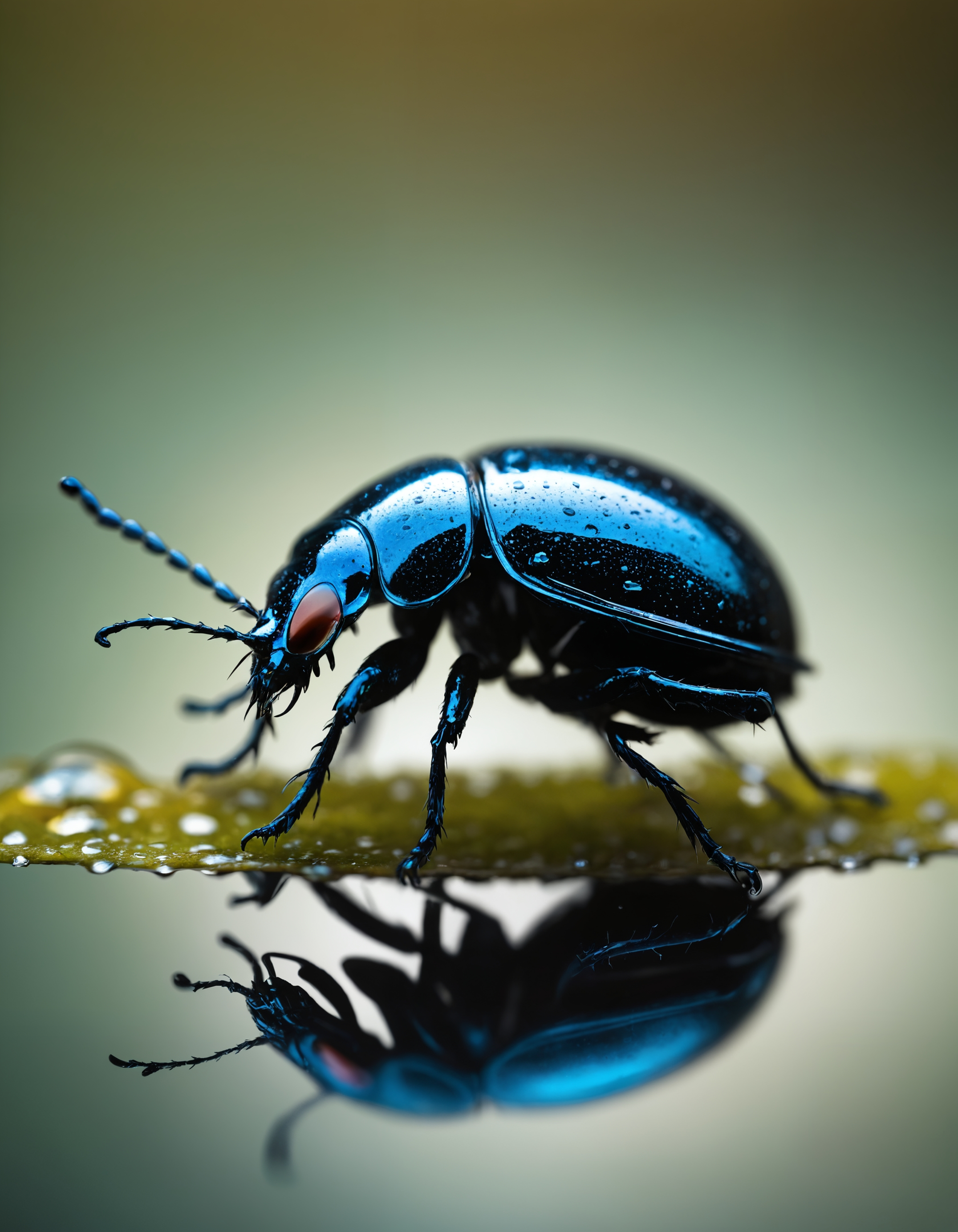 hyperrealistic macro shot of beetle on waterdrop, 100m f/2.8 macro lens, magnificent, celestial, ethereal, epic, magical, dreamy, chiaroscuro, atmospheric lighting,  macro, extreme details,