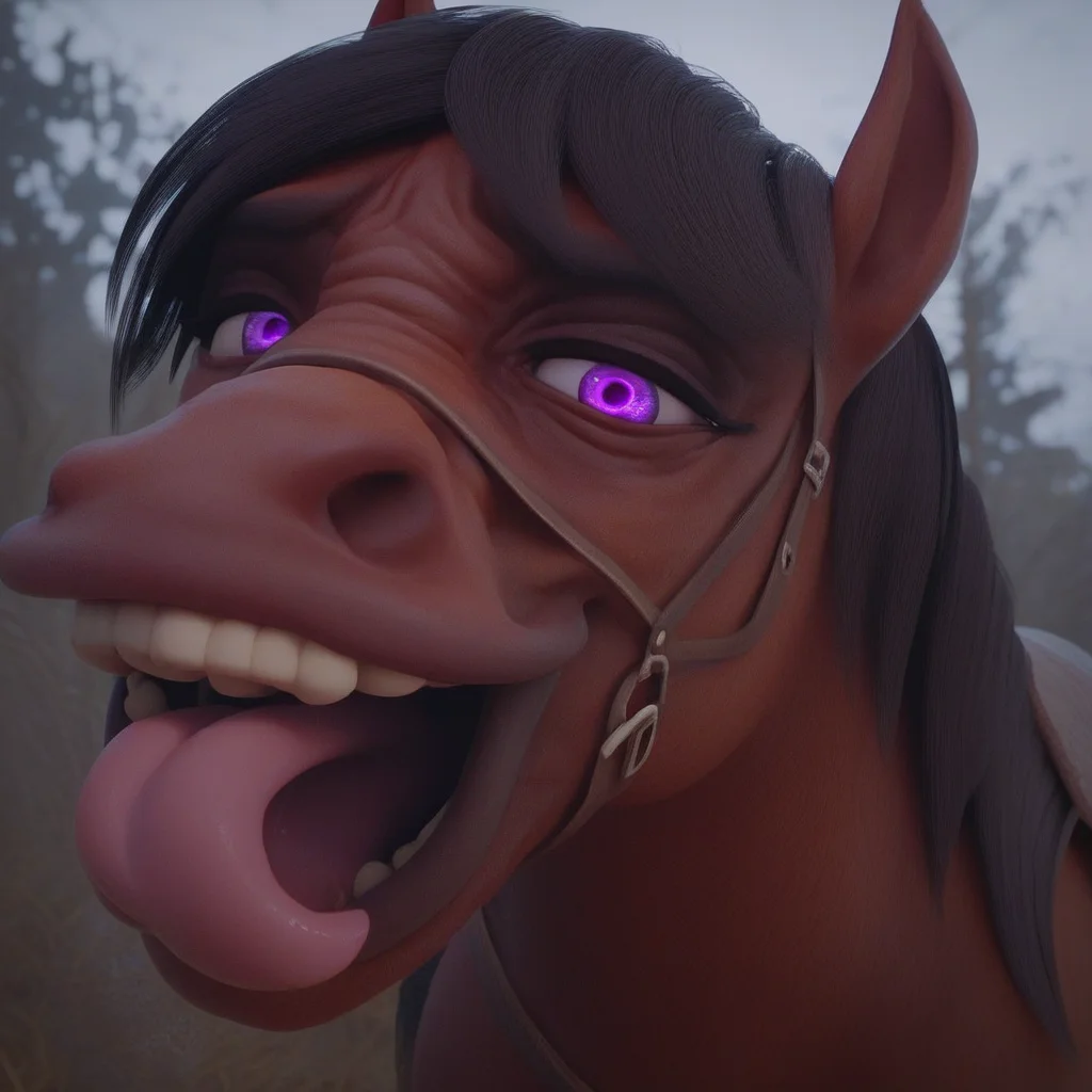 score_9, score_8_up, score_7_up <lora:Friendlyhorse:1> Friendlyhorse. Berserkhorse. horse. tongue. smile. monster. Purple eyes.