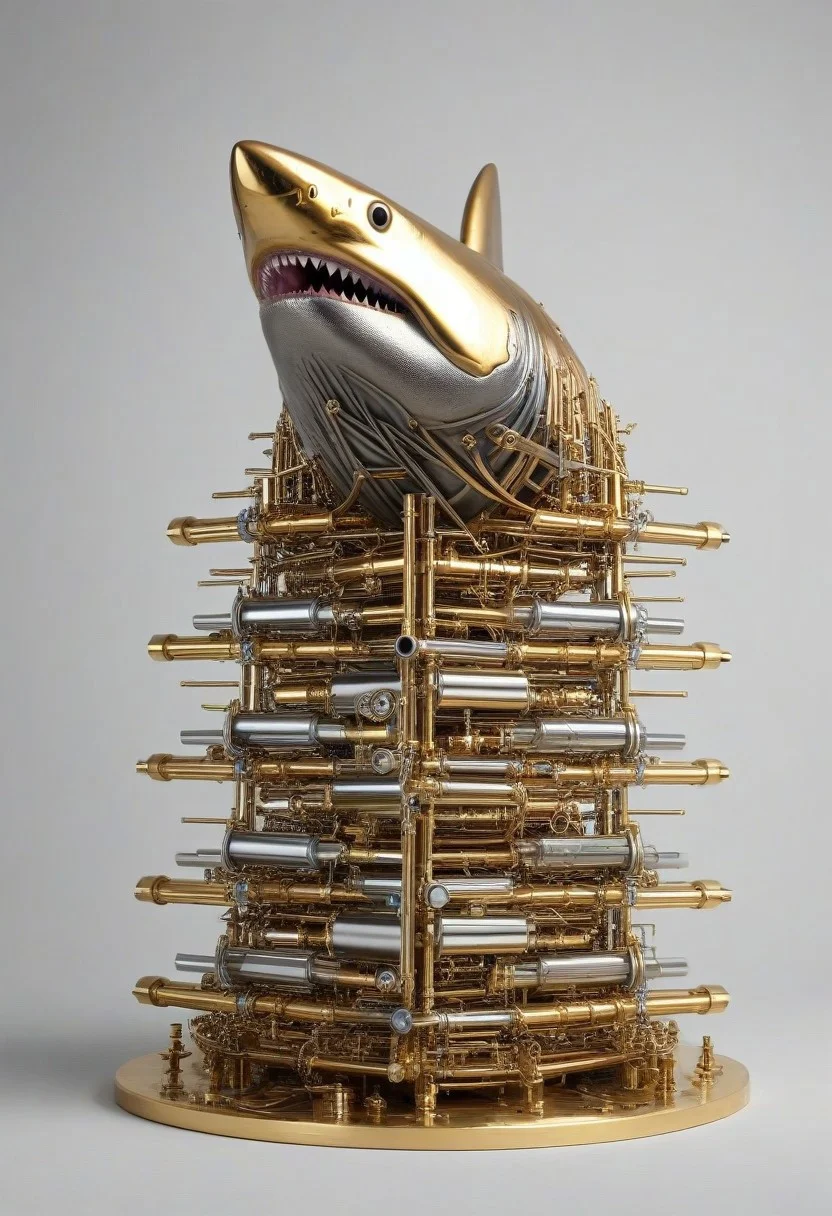 masterpiece, best quality, high resolution,
shark in (qu4ntum style), covered in (brass pipes) and (silver wires) and gold circuits,
simple background,
cinematic,