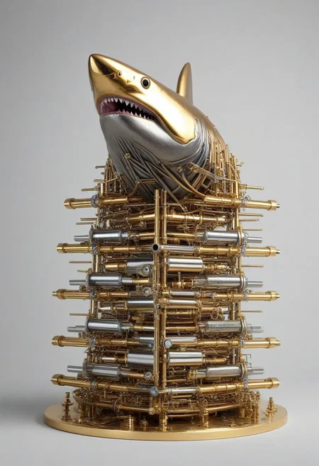 masterpiece, best quality, high resolution,
shark in (qu4ntum style), covered in (brass pipes) and (silver wires) and gold circuits,
simple background,
cinematic,