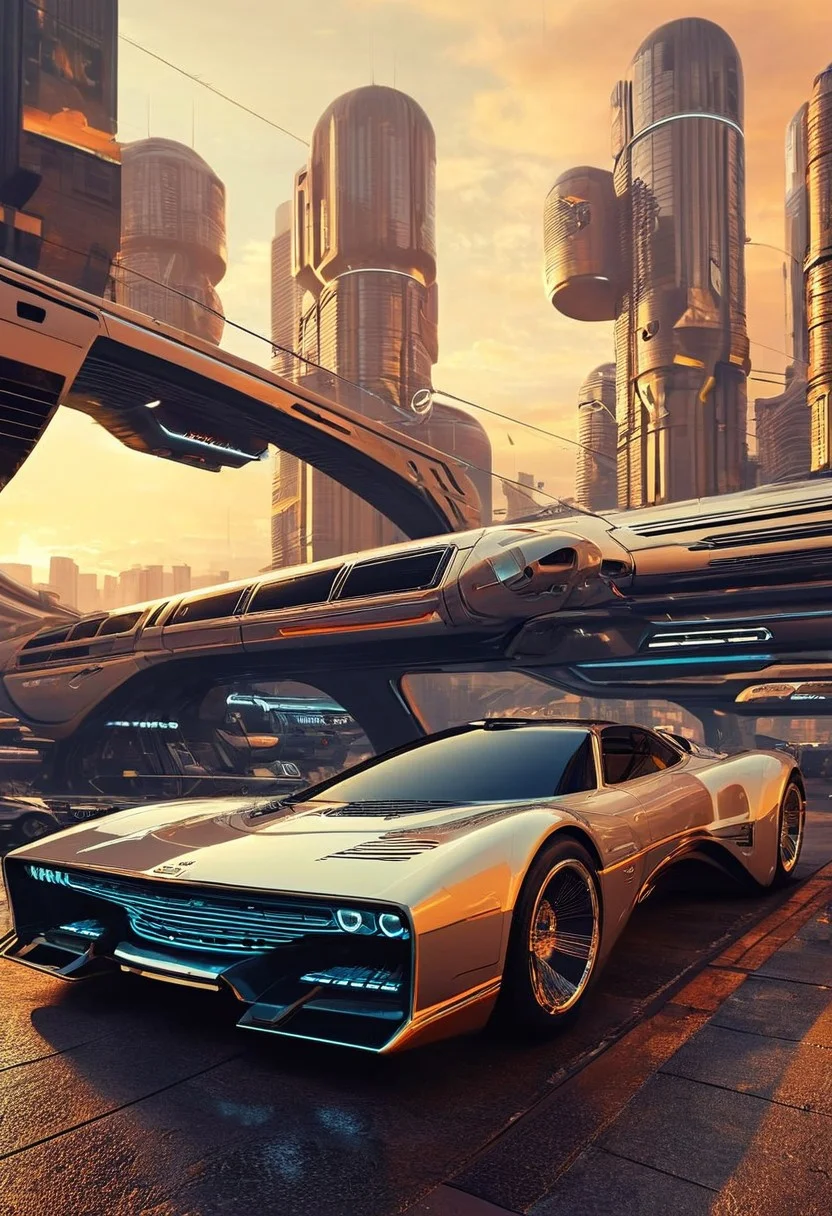 ((70's retrofutursim with Syd Mead art style)), psychedelic world 70's collide with a futuristic vision. a fusion of Vasarely art, Bertone concept vehicles, and sleek architecture, iconic art style of Syd Mead. blend of retro aesthetics and futuristic utopia, monocoque monorail, a unique realm that is both nostalgic and visionary, futuristic flying car, Blade Runner spinner