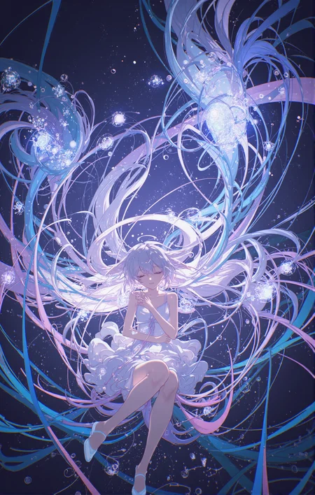 A captivating portrait of Lumi, the fox-girl, sitting amidst a swirling vortex of colorful threads, her eyes closed as if in a dreamlike trance. Her long white hair with blue tips blends seamlessly with the threads, creating a mesmerizing tapestry of color and texture. She wears a simple, white dress that contrasts with the vibrant chaos surrounding her. Delicate threads weave themselves around her fingers, forming intricate patterns and symbols that hint at hidden knowledge and mystical powers. Her expression is serene yet enigmatic, suggesting that she's both creating and being created by the dreamlike world around her. abstract, surreal, dreamlike, (glowing threads:1.3), (intricate patterns:1.1), (luminescent:0.9), (whimsical:0.8)    <lora:aesthetical_epoch_3:1> b74_aes <lora:AnimeLight-v2-000103:.4>  hfu1,<lora:Hair_floating_up-000006:.6>