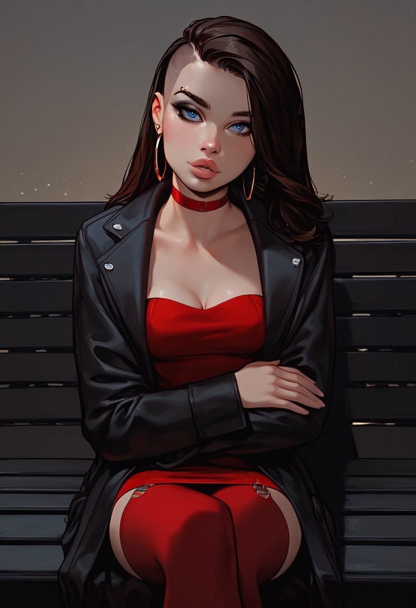 score_9, score_8_up, score_7_up,score_6_up, rating_safe, Expressiveh, masterpiece, ((1girl)), (solo), semi-realism,
(cute innocent girl), (horny face), (full pouty lips), (lips parted:1.5), (bold black eyeliner), dark blue eyes, flawless shiny skin, dark brown hair, (undercut:1.1), (side swept hair), long hair, head tilt,
petite body, slim legs, long legs, (slim fit), (narrow waist), perfect ass, (pierced nipples outline), slender body, size C natural breasts, breasts apart, (covered breasts), (((clothed))),
hoop earrings, (long red dress, strapless dress, long sleeves dress), cleavage, red choker, (red thigh-high stockings), ((garters)), ((wearing a suitcoat over dress, black coat, linen coat)), shivering, arms crossed,
(looking_at_viewer), from above:0.5, legs crossed:1.4, 
night, ((black bench)), outside, sitting, noir lighting