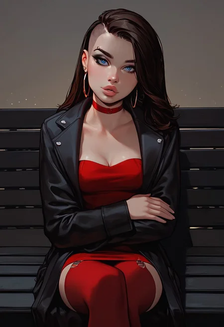 score_9, score_8_up, score_7_up,score_6_up, rating_safe, Expressiveh, masterpiece, ((1girl)), (solo), semi-realism,
(cute innocent girl), (horny face), (full pouty lips), (lips parted:1.5), (bold black eyeliner), dark blue eyes, flawless shiny skin, dark brown hair, (undercut:1.1), (side swept hair), long hair, head tilt,
petite body, slim legs, long legs, (slim fit), (narrow waist), perfect ass, (pierced nipples outline), slender body, size C natural breasts, breasts apart, (covered breasts), (((clothed))),
hoop earrings, (long red dress, strapless dress, long sleeves dress), cleavage, red choker, (red thigh-high stockings), ((garters)), ((wearing a suitcoat over dress, black coat, linen coat)), shivering, arms crossed,
(looking_at_viewer), from above:0.5, legs crossed:1.4,
night, ((black bench)), outside, sitting, noir lighting