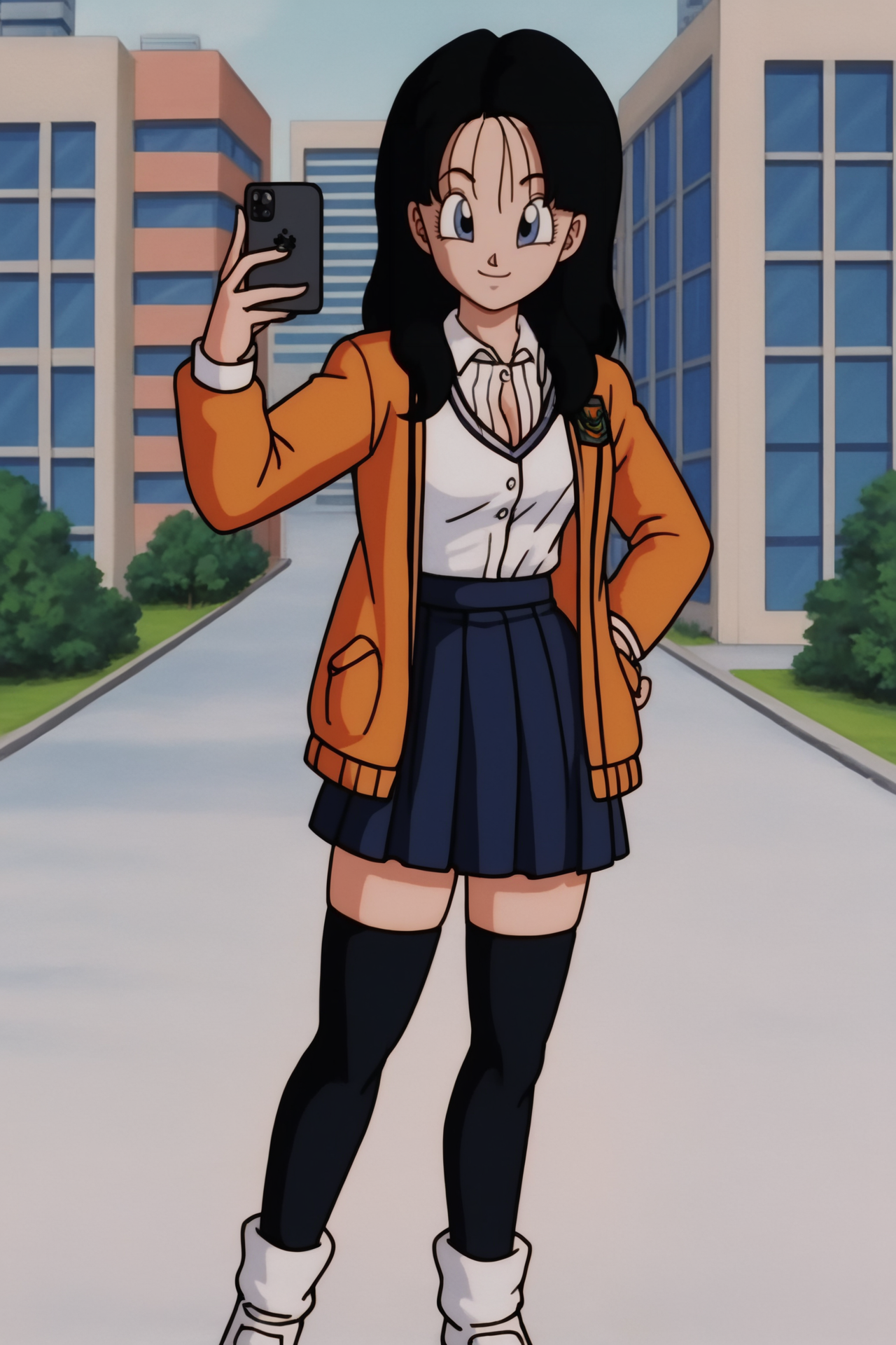 source_anime, score_9, score_8_up, score_7_up, anime screencap,8k, absurd res,
videl, 1girl, solo, looking at viewer, smile, blue eyes,  long hair, black hair, navel, cleavage, hair down, 
school uniform, selfie, from above, city, 
white collared shirt, skirt, thighhighs, open jacket, 
 <lora:videlSatan_pony_v1:0.8>