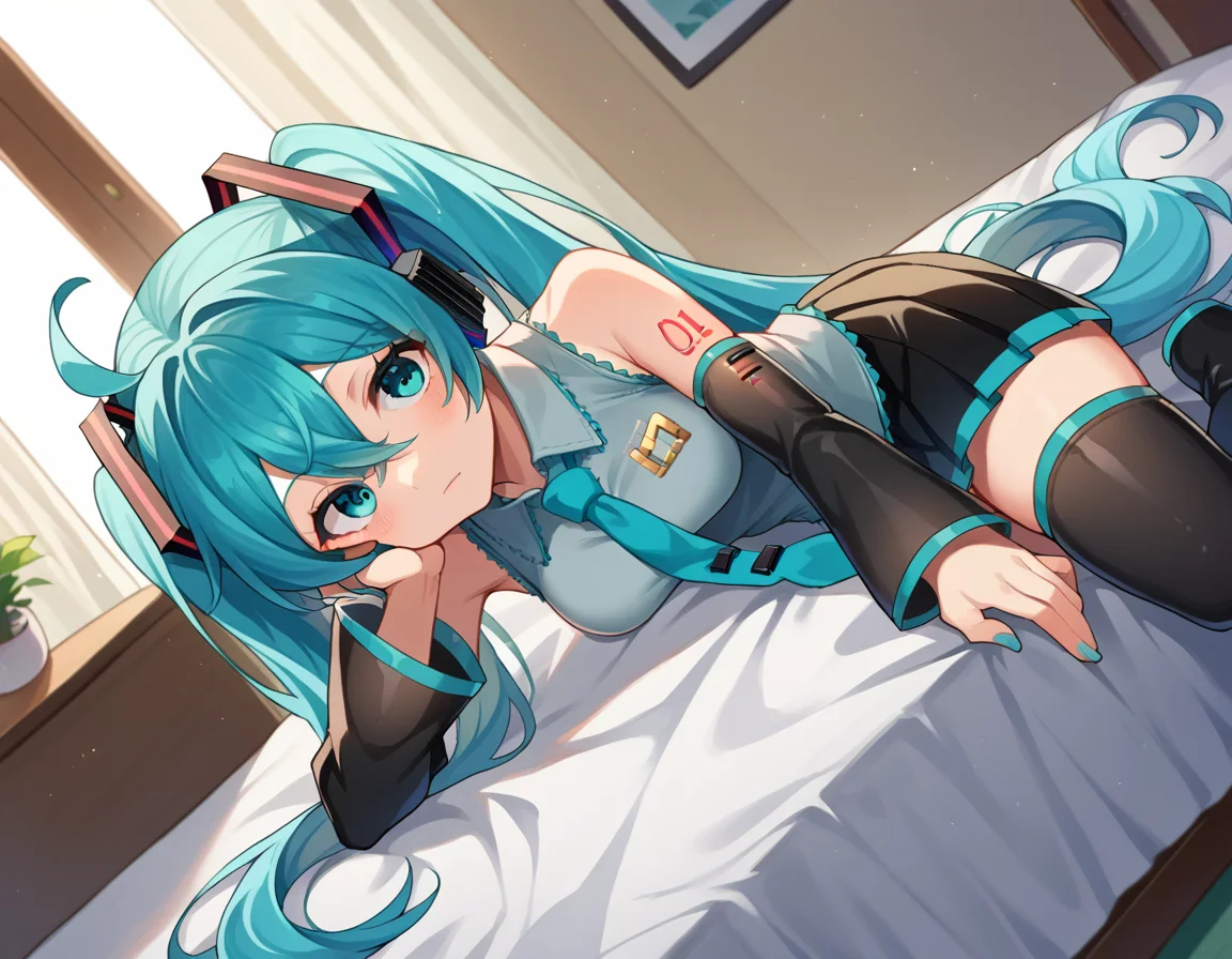 score_9, score_8_up, score_7_up, source_anime,
mikuhatsune, <lora:miku-hatsune-ponyxl-lora-nochekaiser:1>,
miku hatsune, ahoge, aqua eyes, aqua hair, crossed bangs, hair between eyes, hair ornament, headphones, long hair, twintails, mature female,
aqua necktie, black footwear, black skirt, black sleeves, boots, collared shirt, detached sleeves, grey shirt, necktie, pleated skirt, shirt, skirt, sleeveless, sleeveless shirt, thigh boots, tie clip,
indoors, bed, bed room, on side,
looking at viewer, dutch angle, cowboy shot,