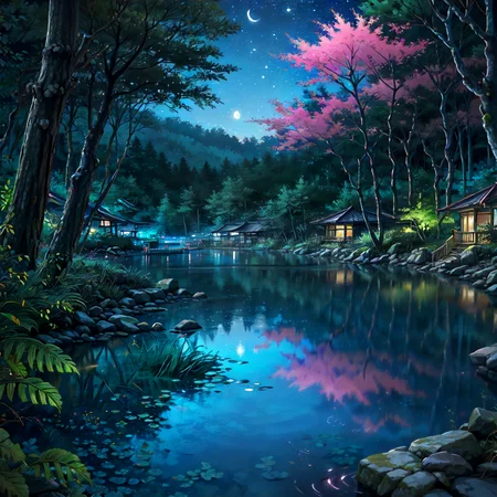 Reflect on the moonlit tranquility of a lakeside, where calm waters mirror the serenity of the night sky., Tropical Rainforest Canopy, Moonlit lake,Reflecting the serene beauty of the night, Futuristic city skyline,Aglow with neon lights and holographic displays, Participating in a midnight forest festival with glowing fireflies. <lora:Background_Detail_v3:1> <lora:Detailed_Places_R-128_v1:1> <lora:detail_slider_v4:1>, (inked-original-art:1.2) (lineart:1.31) (fine-details:1.3) limited-palette <lora:add_detail:0.5> <lora:realistic:.4> <lora:GoodHands-beta2:0.8>,