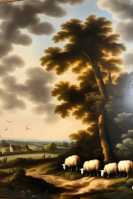 <lora:Salomon van Ruysdael Style:1>Salomon van Ruysdael Style - landscape 17th century shepherds field land scape, firstling sheep scene at a distance