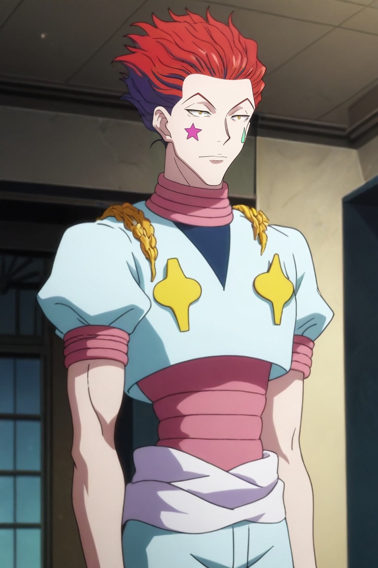 score_9, score_8_up, score_7_up, source_anime, rating_safe, , anime screencap, , official style, , , 1boy, solo, male focus, <lora:hisoka_morow_pony:0.88>, hisoka_morow, red hair, yellow eyes, facial mark, star (symbol), straight-on, ayers rock, indoors, light, pose, relaxed, comic book character costume, <lora:sdxl_lightning_8step_lora:1>