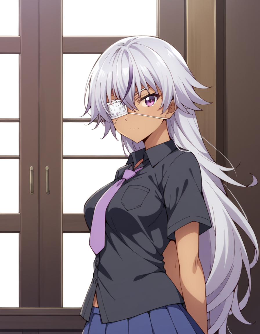 score_9, score_8_up, score_7_up, source_anime, uncensored, <lora:StS_detail_slider_v1:3>, zPDXLxxx, <lora:Shiko_Murasame_PONYXL_VexVexX:1>, ShikoMurasame, purple eyes, grey hair, multicolored hair, very long hair, hair between eyes, dark skin, dark-skinned female, eyepatch, medium breasts, skirt, blue skirt, pleated skirt, miniskirt, collared shirt, black shirt, short sleeves, necktie, purple necktie, cowboy shot, bedroom, from side, standing, hands behind back, thighs, looking at viewer
