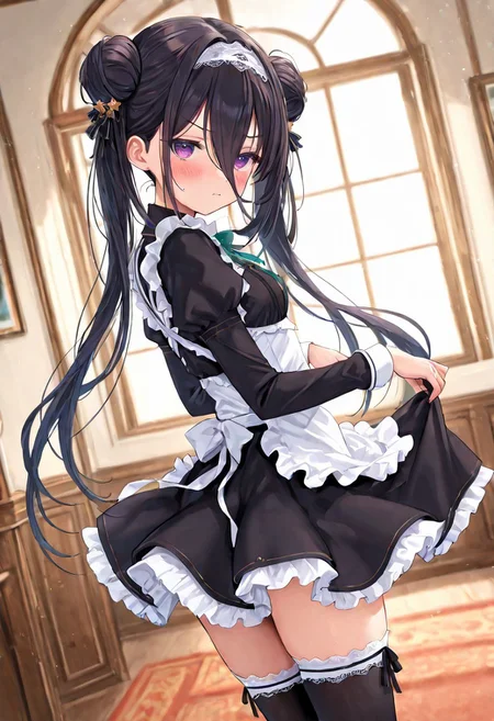 masterpiece, best quality, amazing quality, very aesthetic, high resolution, ultra-detailed, absurdres, newest, scenery,(depth of field:1.5),
(super fine illustration,professional quality,ultra high res), beautiful detailed eyes,
(high brightness),
break
shichiseiken_m_tkhk,
black hair, long hair, hair between eyes, long bangs,
twintails, double bun,
star hair ornament,
unconventional maid, enmaided, wing collar, puffy long sleeves,
lace-trimmed hairband, frilled apron, ribbon,
frilled skirt, mini skirt, layered skirt,
black thighhighs, frilled thighhighs,
strappy heels,
small breasts,
1girl,
blush, annoyed,
(dutch angle:1.2), (cowboy shot:1.2),
from behind, looking back,