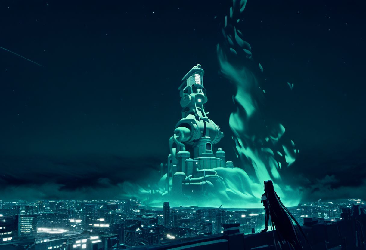 score_9, score_8_up, score_7_up, asymmetrical composition, vaporwave, Lofi, Sephiroth looking board slumped on a stoop overlooking ShinRa tower, shinra_hq, shoulder armor, ShinRa headquarters, night, city, smoke, fog, smog, smoke stacks,, exaggerated perspective emphasizing action, Sephiroth fighting swinging very long sword, long billowing black leather overcoat, pitch black starry sky, solo, beautiful, androgynous, flat chest, leather straps, broad shouldered, high contrast, industrial cityscape background, Netflix, Studio Trigger, ff7, neolight,