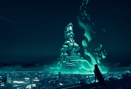 score_9, score_8_up, score_7_up, asymmetrical composition, vaporwave, Lofi, Sephiroth looking board slumped on a stoop overlooking ShinRa tower, shinra_hq, shoulder armor, ShinRa headquarters, night, city, smoke, fog, smog, smoke stacks,, exaggerated perspective emphasizing action, Sephiroth fighting swinging very long sword, long billowing black leather overcoat, pitch black starry sky, solo, beautiful, androgynous, flat chest, leather straps, broad shouldered, high contrast, industrial cityscape background, Netflix, Studio Trigger, ff7, neolight,