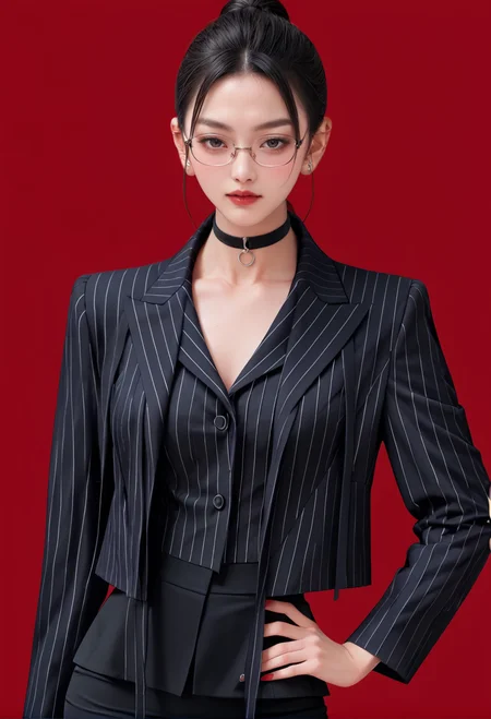 1girl,solo,red background,,ruanyi0856,striped jacket,choker,black pantyhose,striped,glasses,black skirt,<lora:0856 OL professional suit skirt 1_v1_pony:1>, score_9,score_8_up,score_7_up,,8k,1girl,solo,,