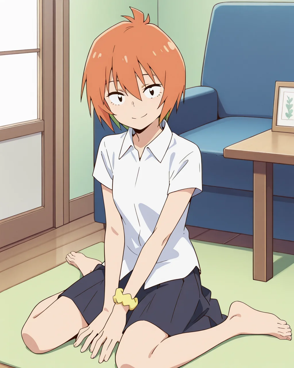 (masterpiece:1.4), (best quality:1.4),  very aesthetic,best quality, amazing quality, absurdres,
yasaku_rei, orange hair, 1girl, solo, short hair, , multicolored hair,one wrist scrunchie,
school uniforms,white shirt, collared shirt,skirt,tacked-out, short sleeve,barefoot,no shoes
 <lora:yasaku_rei:1>
living room,wariza,smile
,looking at viewer, full body