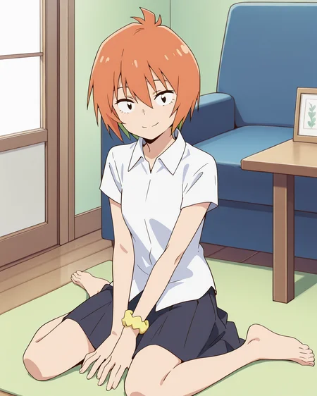 (masterpiece:1.4), (best quality:1.4),  very aesthetic,best quality, amazing quality, absurdres,
yasaku_rei, orange hair, 1girl, solo, short hair, , multicolored hair,one wrist scrunchie,
school uniforms,white shirt, collared shirt,skirt,tacked-out, short sleeve,barefoot,no shoes
 <lora:yasaku_rei:1>
living room,wariza,smile
,looking at viewer, full body