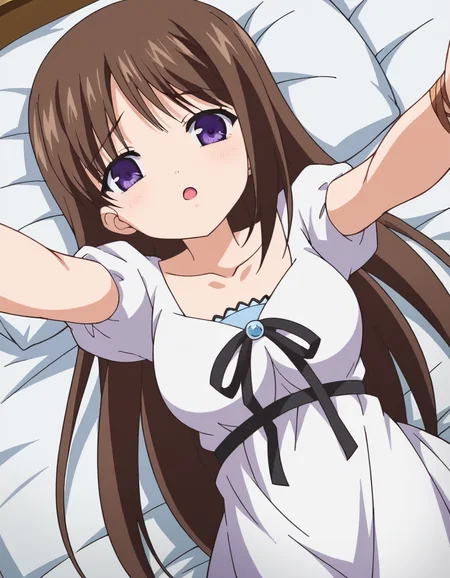 score_9, score_8_up, score_7_up, source_anime,
marinaakizuki, <lora:marina-akizuki-ponyxl-lora-nochekaiser:1>
marina akizuki, long hair, brown hair, purple eyes,
dress, ribbon, collarbone, short sleeves, white dress,
indoors, bed, bed room, on back, arm support, arms up, incoming hug, pov, reaching, reaching towards viewer,
looking at viewer, dutch angle, cowboy shot,