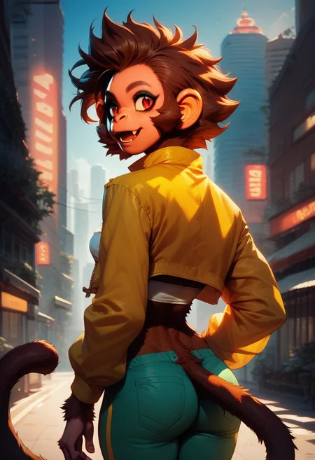 score_9, score_8_up, score_7_up, Jackie, monkey girl, two-tone fur, solo, tube top, yellow jacket, pants, view from behind, looking back, happy, detailed background, city