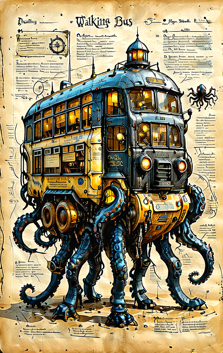 An illustrated medieval old worn page of (walking school bus octopus, science fiction, standing, Walking vehicle, black paint), text is Old English and Gothic, parchment page, intricate details, muted colors, high resolution, best quality, fantasy vibe
(ultra sharp focus:1.8), (thin lines:1.8), (best quality:1.8), (((sharp focus))), reflections,
<lora:MJ52:0.8> <lora:ParchartXL_CODA:1>
<lora:Apparatus_-_Traction_City_Walkers_Vehicles:0.8>,