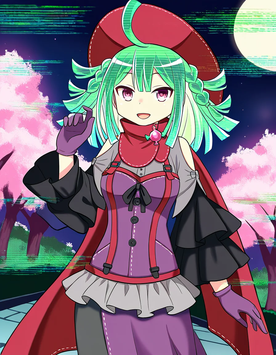 masterpiece, best quality, newest, absurdres, highres, safe, 1girl, sarasa hanna, magia record: mahou shoujo madoka magica gaiden, glitch hair, glitch, green hair, solo, smile, open mouth, outdoors, cherry blossoms, night, dutch angle, <lora:sarasa_hanna_noobaiXLNAIXL_vPred10Version:0.7>