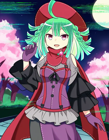 masterpiece, best quality, newest, absurdres, highres, safe, 1girl, sarasa hanna, magia record: mahou shoujo madoka magica gaiden, glitch hair, glitch, green hair, solo, smile, open mouth, outdoors, cherry blossoms, night, dutch angle, <lora:sarasa_hanna_noobaiXLNAIXL_vPred10Version:0.7>