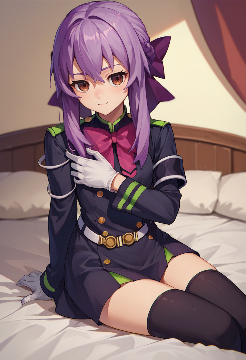score_9, score_8_up, score_7_up, source_anime,ShinoaDef, purple hair, brown eyes, braided hair, purple hair bow, pink bow, black uniform, white armband, black thighhighs, white gloves, white belt, bed, sitting,    <lora:ShinoaXL1-000010:1>