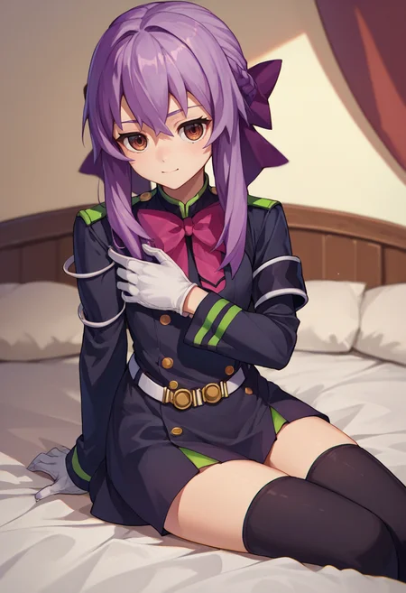 score_9, score_8_up, score_7_up, source_anime,ShinoaDef, purple hair, brown eyes, braided hair, purple hair bow, pink bow, black uniform, white armband, black thighhighs, white gloves, white belt, bed, sitting,    <lora:ShinoaXL1-000010:1>