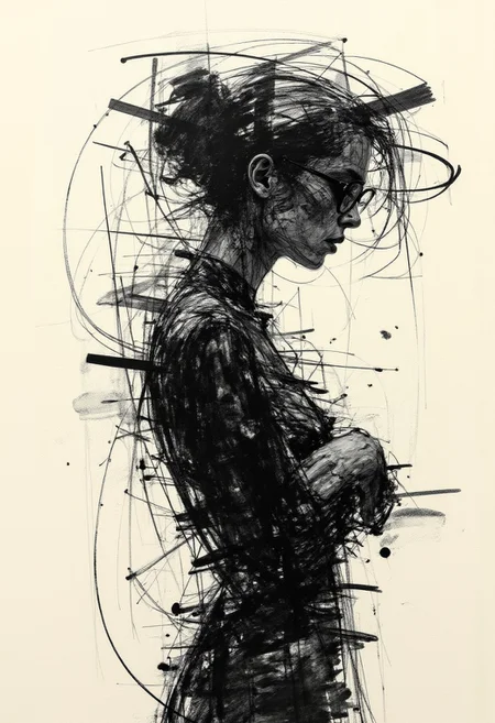 A surreal hallucination of a figure standing still, arms crossed tightly, head bowed in silent sorrow. Their form appears distorted, flickering between reality and illusion, as if dissolving into the chaotic background—an endless maze of frantic, overlapping pen strokes. The abstract lines twist and swirl, warping space around them, pulsing with an eerie, inky energy that threatens to consume the sorrowful figure entirely. The atmosphere feels weightless yet heavy, as if the very air is drawn in frantic, unstable motions, trapping them in a dreamlike purgatory of regret.
.
