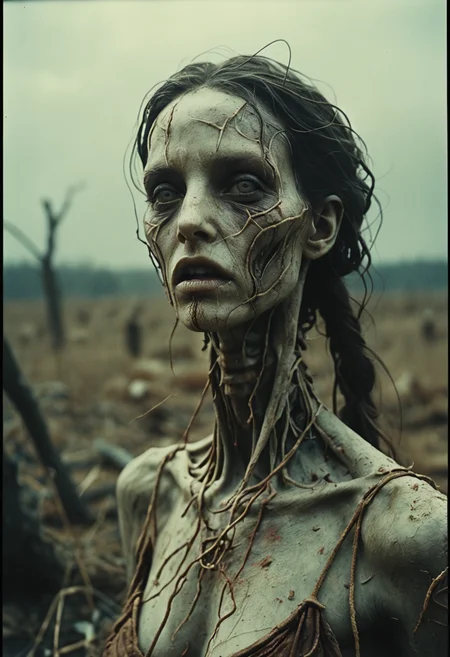 the female embodyment of Famine harbinger of the apocalypse, realistic, surreal, ethereal, grainy film, 35mm photo