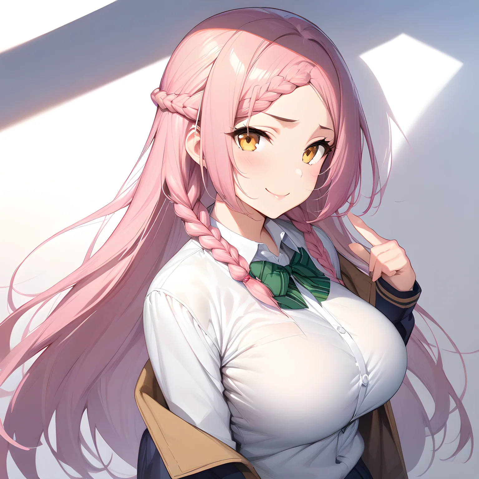 (masterpiece),(best quality),(ultra-detailed),(best illustration),(best shadow),(absurdres),(detailed background),(very aesthetic), yoshida_kochou, 1girl, braid, solo, breasts, long hair, large breasts, pink hair, smile, jacket, school uniform, white background, upper body, simple background, looking at viewer, shirt, white shirt, standing, looking at viewer, smug face, large breasts, <lora:XL-YoshidaKochou:1>