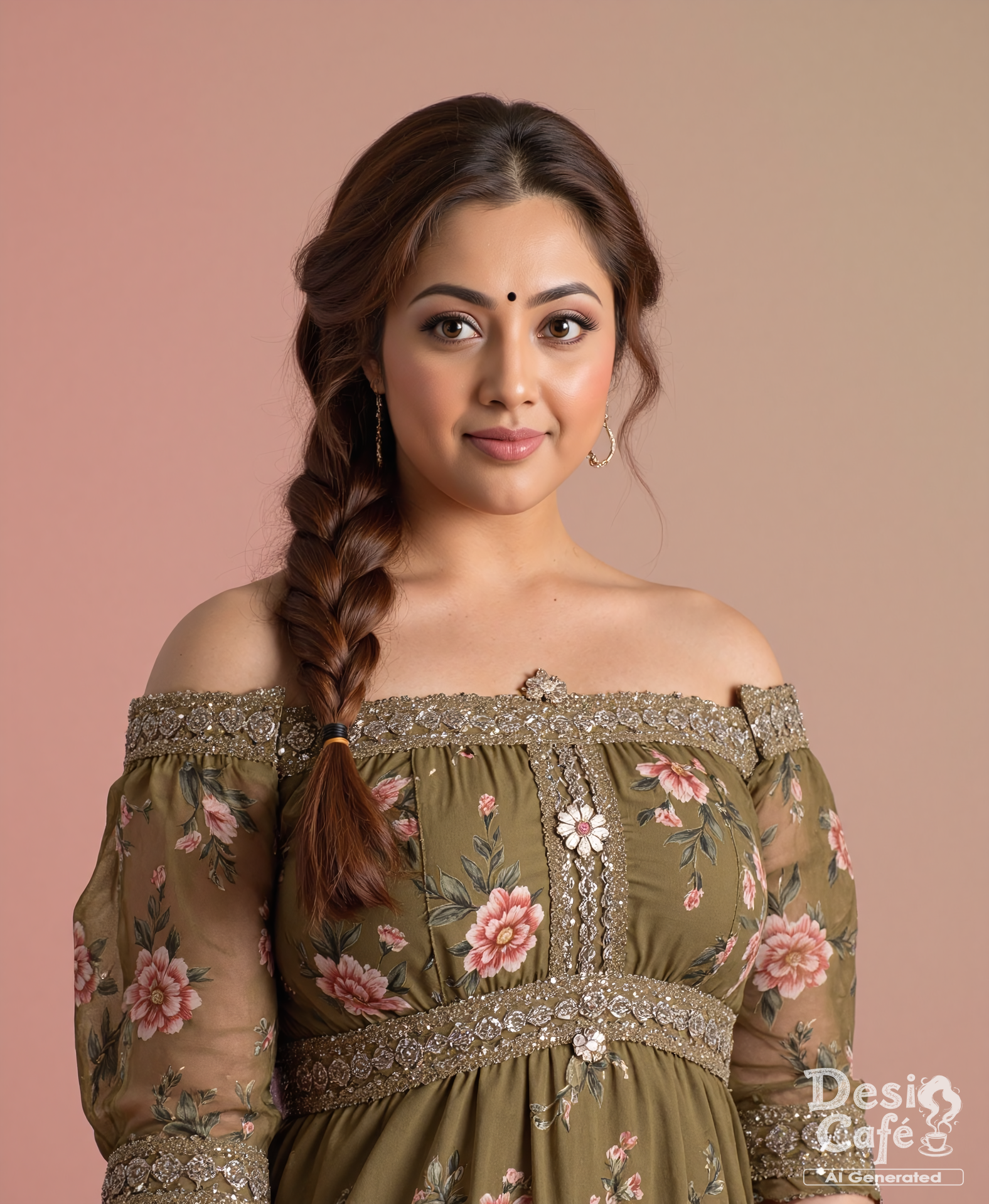 from front photo of m33n4 woman, hyper realistic photo that is safe for work,  studio quality image with natural colors, well dressed wearing intricate long sleeved Olive floral summer dress, hair styled as  french plait,muted pastel shaded multicolored background that contrasts with the person, cinematic lighting,âââââ âââ <lora:M33n4_Meena_Flux_Kohya_V1:0.9>âââ